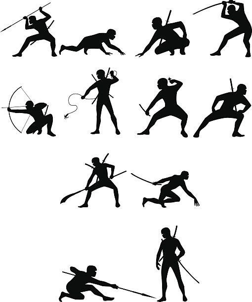 ilustrações de stock, clip art, desenhos animados e ícones de conjunto de silhuetas de ninja - ninja