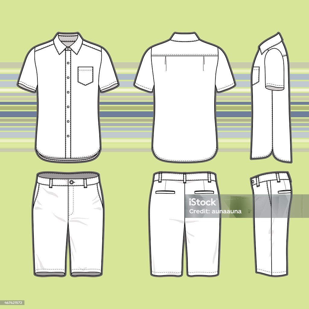 Men's clothing set. Front, back and side views of men's set. Blank templates of shirt and shorts. Casual style. Vector illustration on the striped background for your fashion design. 2015 stock vector