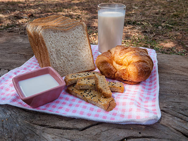 Freshly toasted salt and sesame bread, croissant,milk