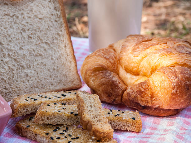 Freshly toasted salt and sesame bread, croissant,milk