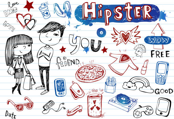 Hipsters hand-drawn doodle set in black, blue and red Vector set of fashionable pictures in  hipsters style. emo boy stock illustrations