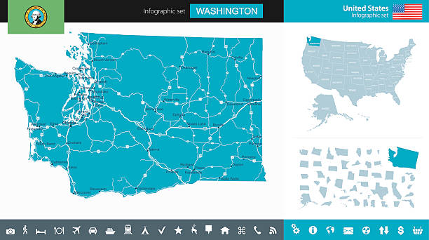 Washington State and USA - infographic map Highly detailed map of Washington state and USA. road map of canada stock illustrations