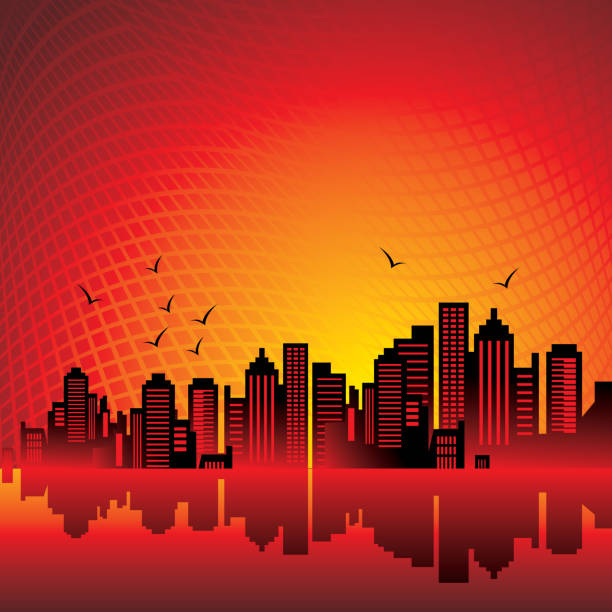 Silhouettes Sunset in the City and The flying bird. Vector - Silhouettes Sunset in the City and The flying bird. cityscape clipart stock illustrations