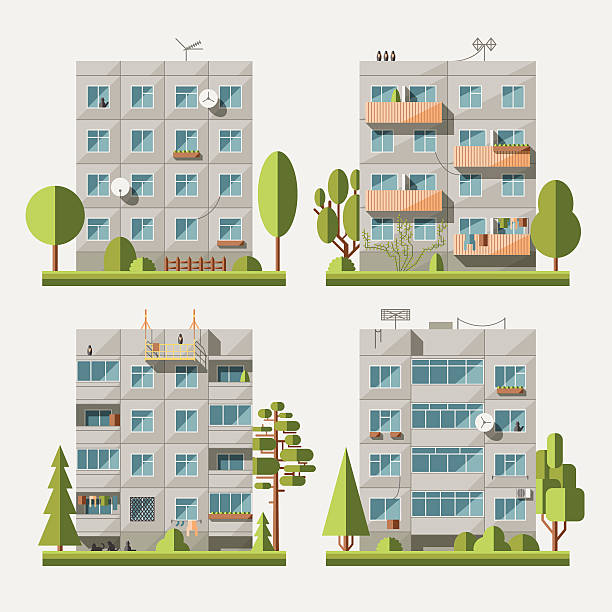 Panel houses flat set1 Set of vector flat style facades of panel houses. Classic blocks of flats architectural symbols and design elements. Collection for product promotion and advertising isolated on white background apartment stock illustrations