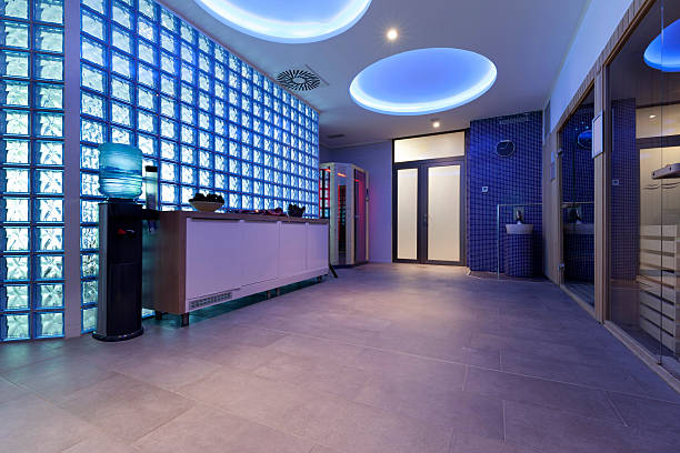 istock Interior of spa center with colorful lights 467625662