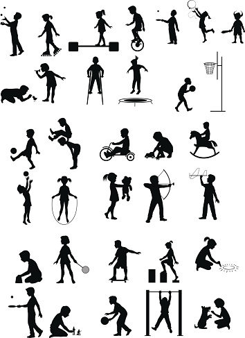 Vector illustration of a playing children silhouettes set