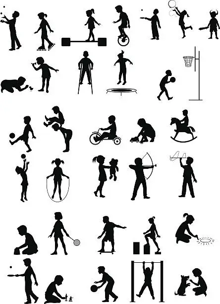 Vector illustration of Playing children silhouettes set