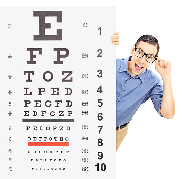 istock Young man with glasses peeking behind eyesight test 467629643