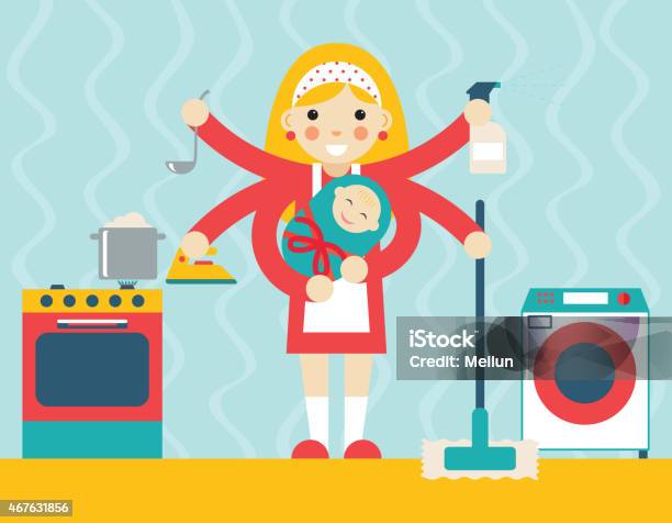 Housewife Symbol With Child And Accessories Icons On Stylish Background Stock Illustration - Download Image Now