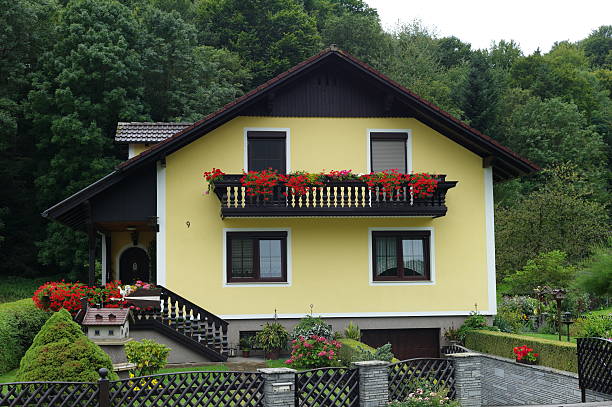 mountain cabin building at grein austria grein, austria - August 21, 2012: Mountain cabin near danube river is located at grein city of austria grein austria stock pictures, royalty-free photos & images