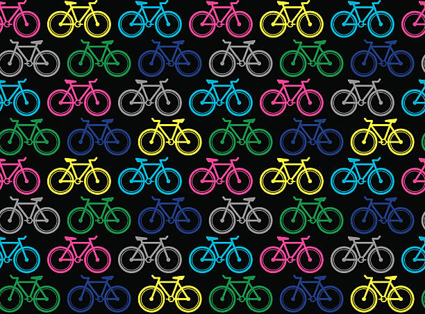 Happy bikes (Seamless pattern pop art style) Vector illustration of seamless pattern with colorful bikes on a black background in a pop art style. bicycle patterns stock illustrations
