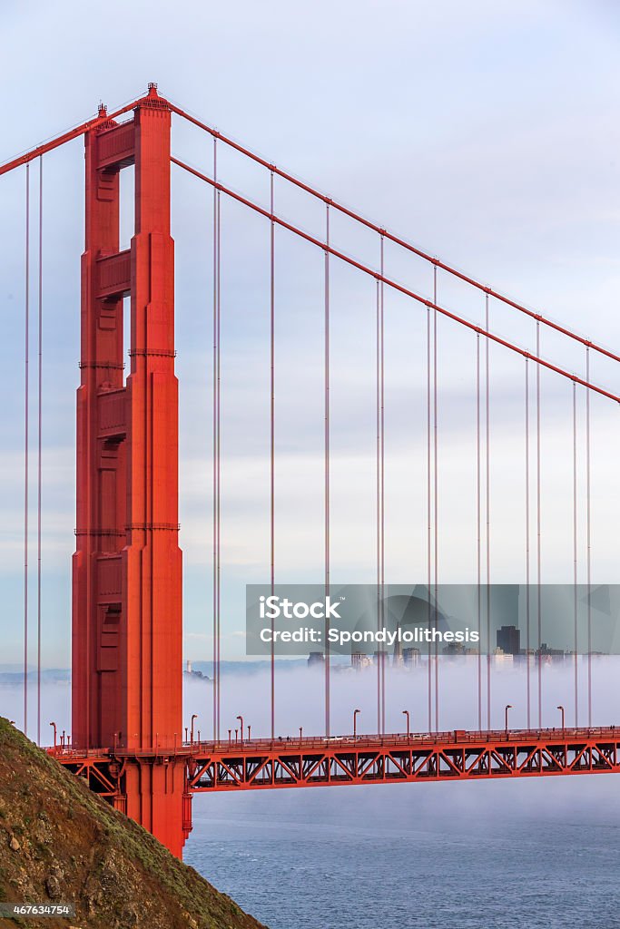 Golden Gate Bridge with low fog, San Francisco Goldenn gate bridge with low fog. Downtown on the background. 2015 Stock Photo