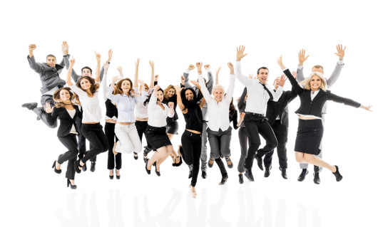 Large group of business people jumping with their arms raised and looking at the camera. Isolated on white.  