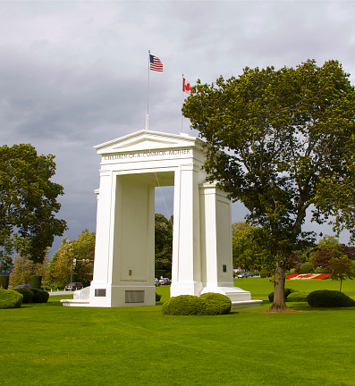 The Peace Arch celebrating more than 200 years of an open border between America and Canada located in Blaine Washington straddling the exact border