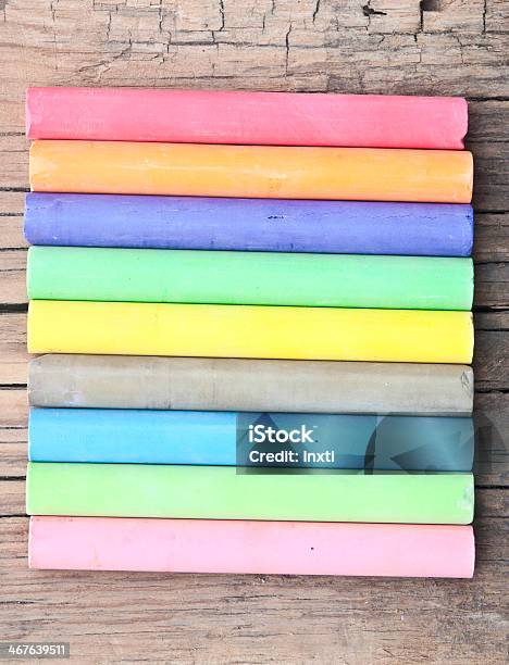 Colorful Chalks On Old Wooden Table Stock Photo - Download Image Now - Above, Blue, Chalk - Art Equipment