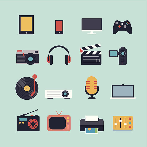 ilustraciones, imágenes clip art, dibujos animados e iconos de stock de conjunto de iconos plano multimedia - videojuego fotos