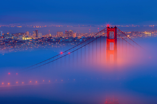 City skyline and Golden Gate bridge after sunset (San Francisco, California). Downtown and low fog on the background.