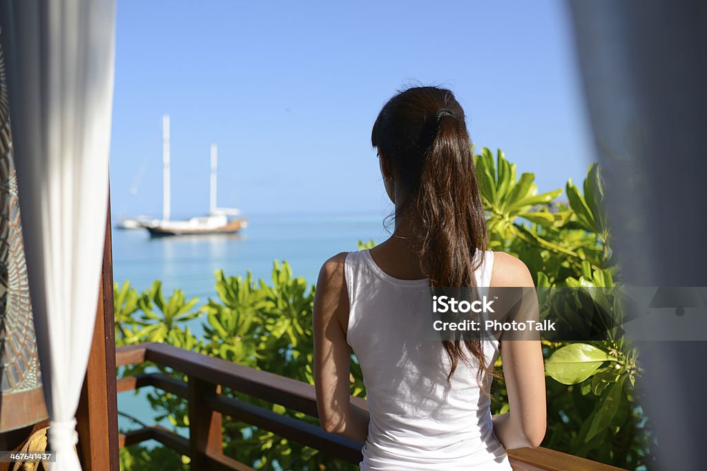 Woman Looking Seascape On Balcony Adult Stock Photo