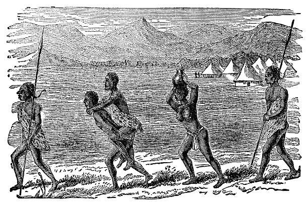 victorian engraving of ian indigenous african family - ian stock illustrations