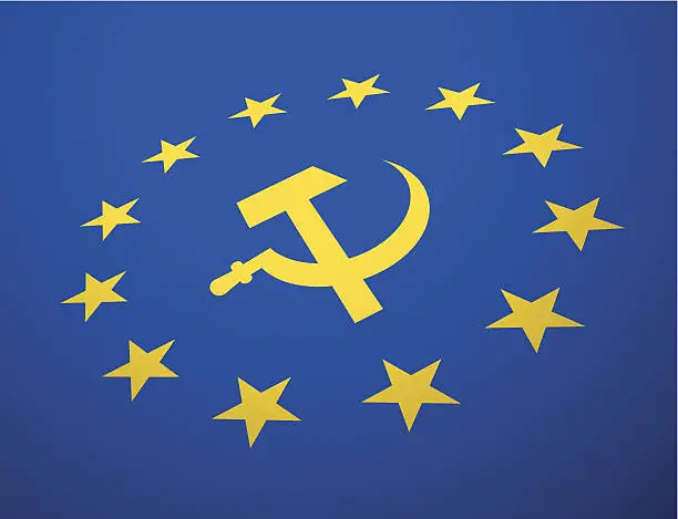 Vector illustration of European Union flag with hammer and sickle in center
