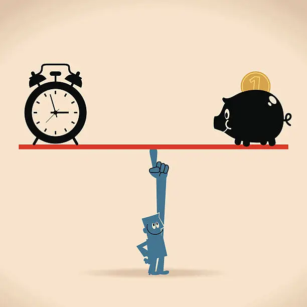 Vector illustration of Smiling businessman balance a seesaw with clock and piggy bank