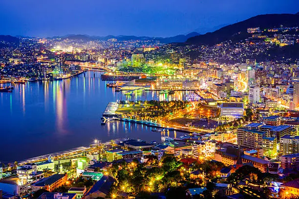 Nagasaki, Japan cityscape at the bay.