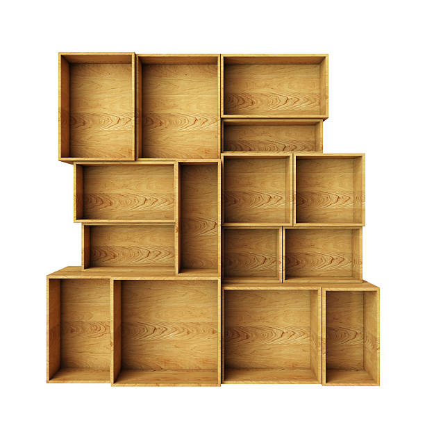 空の抽象的な木製の棚で分離白背景 - shelf bookshelf empty box ストックフォトと画像