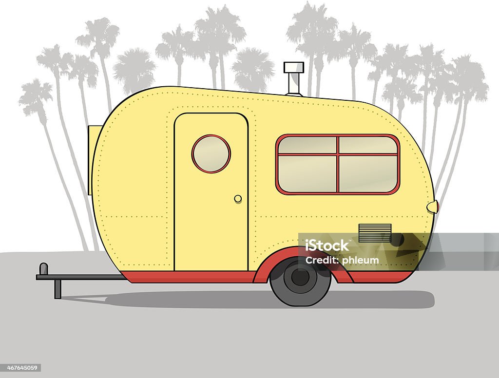 Yellow camper Side view of a small, older-style camper trailer. Yellow with red trim. Palm tree silhouetted in background. 6 layers in file. Camping stock vector