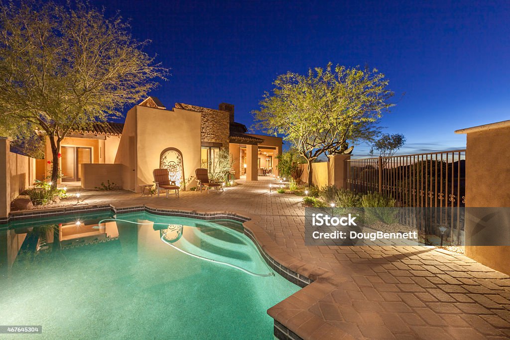 Luxury Backyard Pool Area Luxury home backyard pool area in the evening. Residential Building Stock Photo