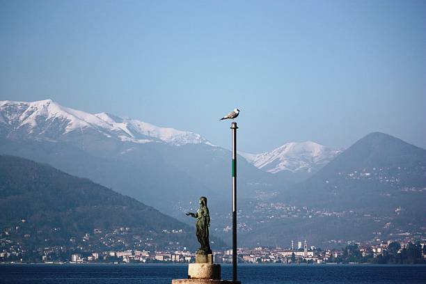 Panoramic view over Lake Maggiore from Stresa Italy - mountains, mountain lake, blue, italy, snow peak