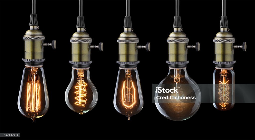 vintage bulbs Set of vintage glowing light bulbs on black Edison Light Bulb Stock Photo