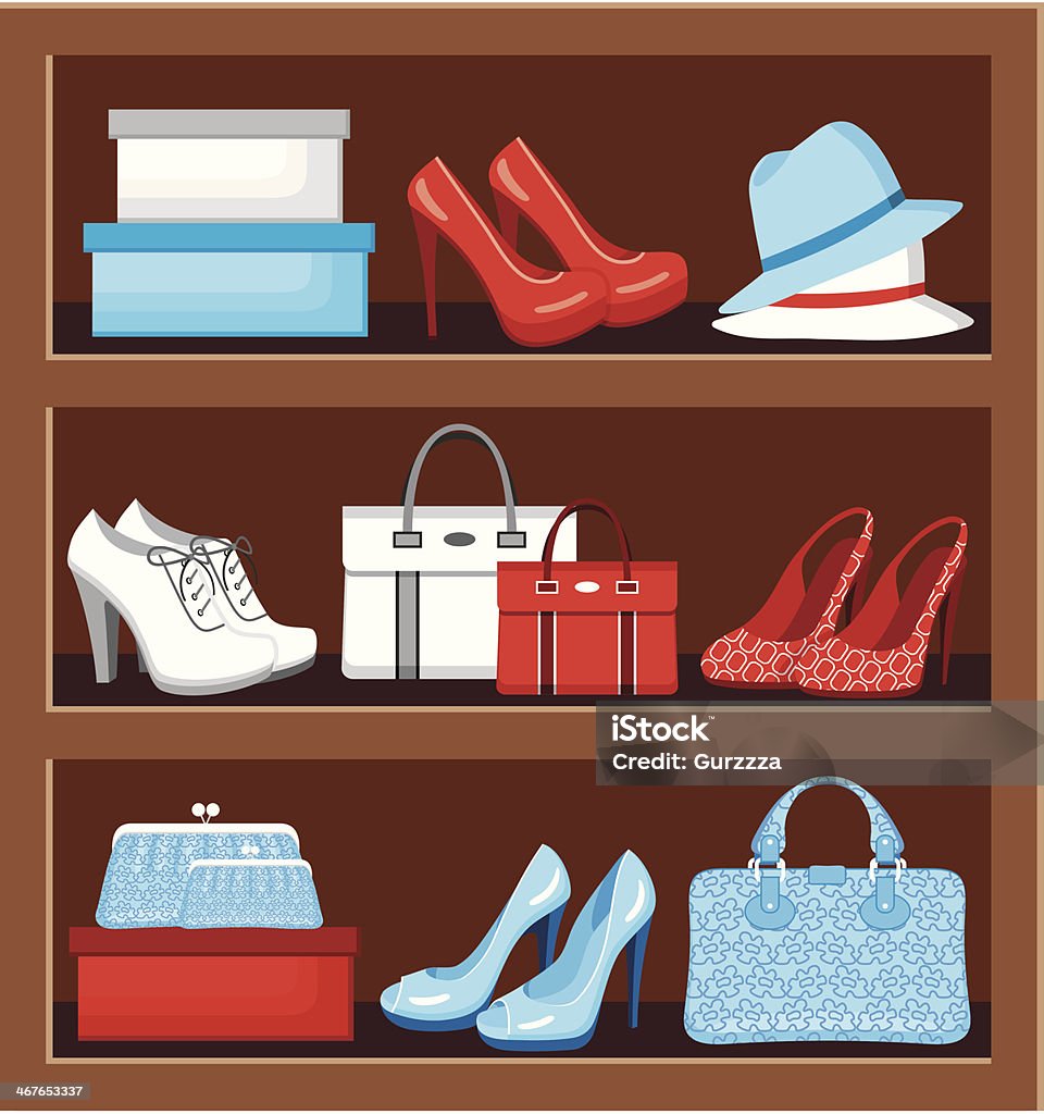 Shelf with bags and shoes. Vector illustration. It is created in the CorelDraw program. It is edited in the Adobe Illustrator program. It is kept in illustrator eps version 8. Bag stock vector