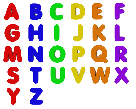3D render of multicoloured fridge magnet letters isolated on white. Designed to be cropped and used to spell out custom words.