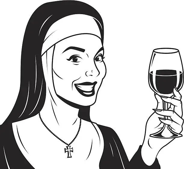 Vector illustration of Retro Nun With Wine