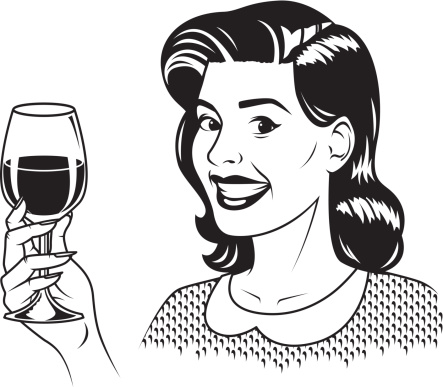 An vintage styled woman holding a glass of red wine.