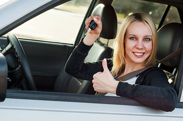 istock Student driver girl showing keys  from her car 467657952
