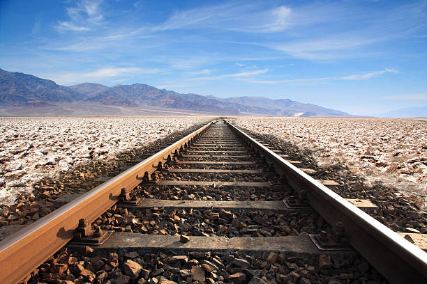 istock Railroad track running to the horizon in a empty desert 467658058