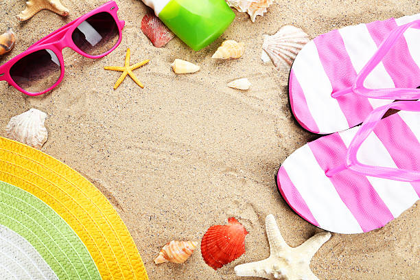 istock Beach accessories on sand beach 467663416