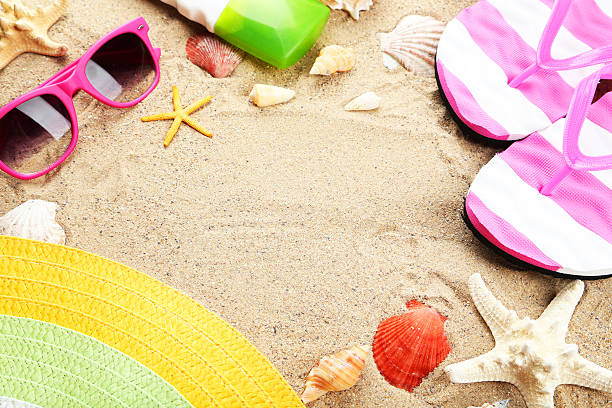 istock Beach accessories on sand beach 467663418