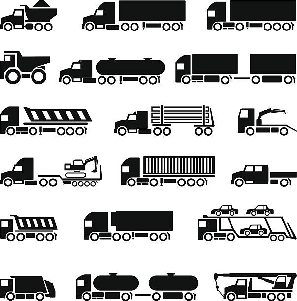 ilustraciones, imágenes clip art, dibujos animados e iconos de stock de camiones, tráilers y vehículos conjunto de iconos de - semi truck illustrations