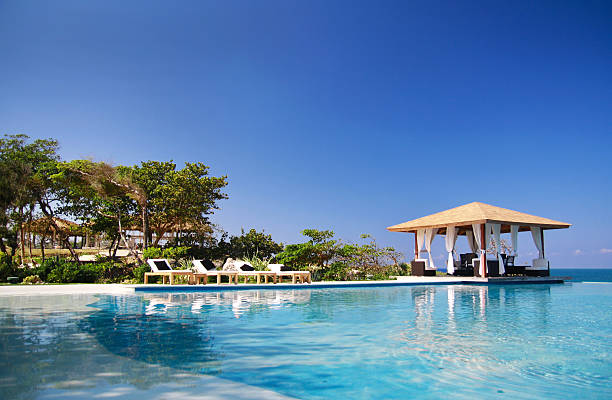 istock Luxury summerhouse with swimming pool on beach 467666471