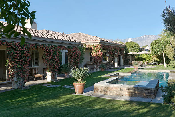 istock Pool By House Against Clear Sky 467667194