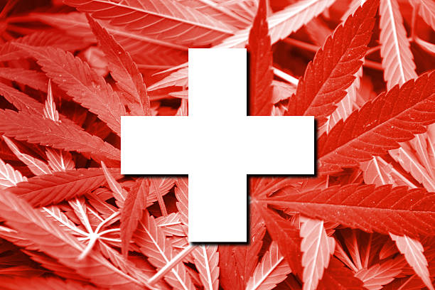 Switzerland Flag on cannabis background. Drug policy. Legalization of marijuana stock photo