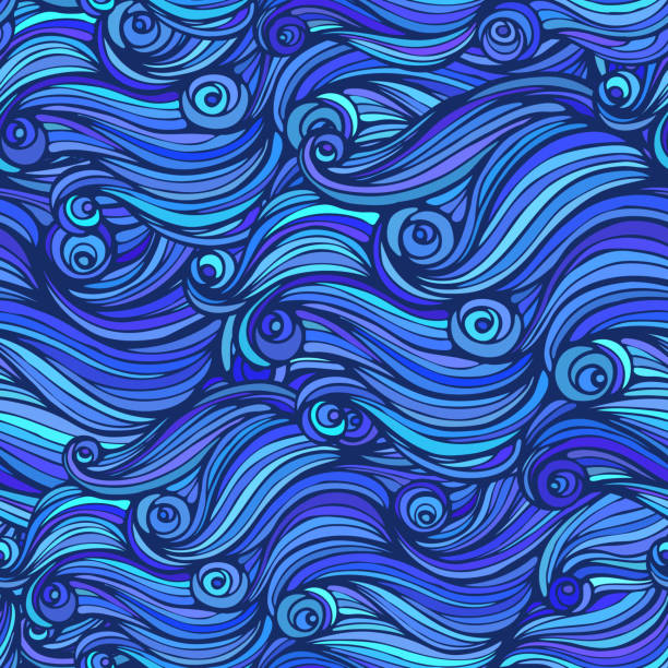 Drawing of abstract range of blue waves forming curls vector art illustration