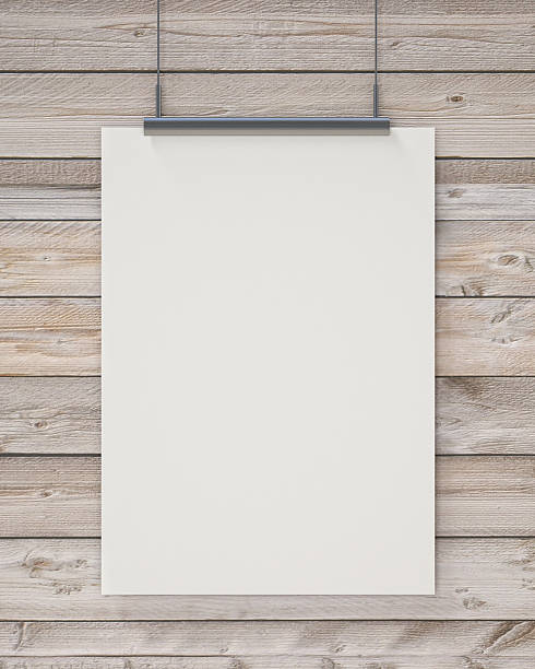istock blank white hanging poster on vertical wooden planks wall, background 467671900