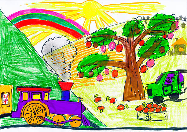 istock steam train and car on countryside. child drawing. 467674374