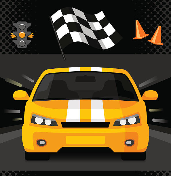 Yellow street racing car with sport checkered flag vector art illustration