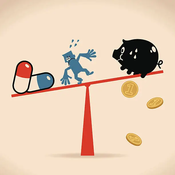 Vector illustration of One worried man between medicine and piggy bank on seesaw