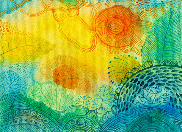 Watercolour panting of abstract landscape with different plants and trees Watercolour panting of abstract landscape with variety of plants and trees. Warm and cold tones blending together watercolor painting landscapes stock illustrations
