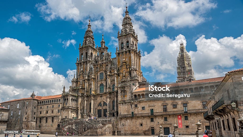 Cathedral of Santiago de Compostela , Spain. Cathedral of Santiago de Compostela , Spain. Clear sunny day , the sky white clouds float . Santiago de Compostela Cathedral Stock Photo